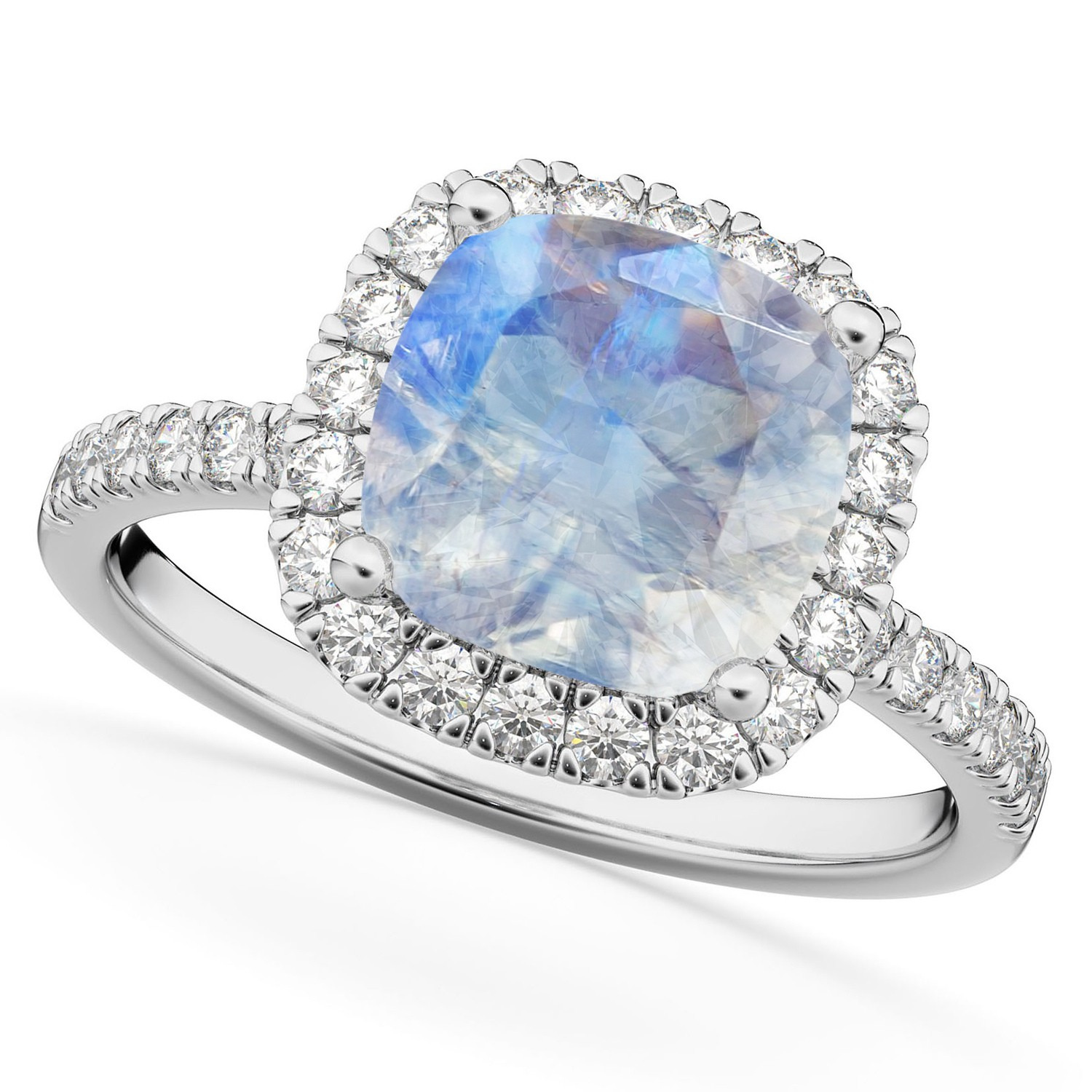Diamond Halo & Cushion Cut Moonstone Ring Bridal Set in 14K White Gold (3.38ct) Top view 2
