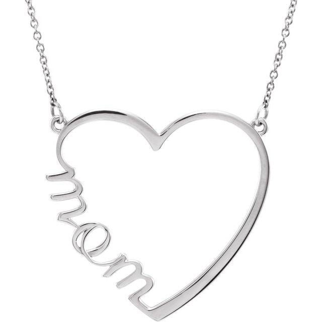 gold "mom" heart necklace in 14k white gold