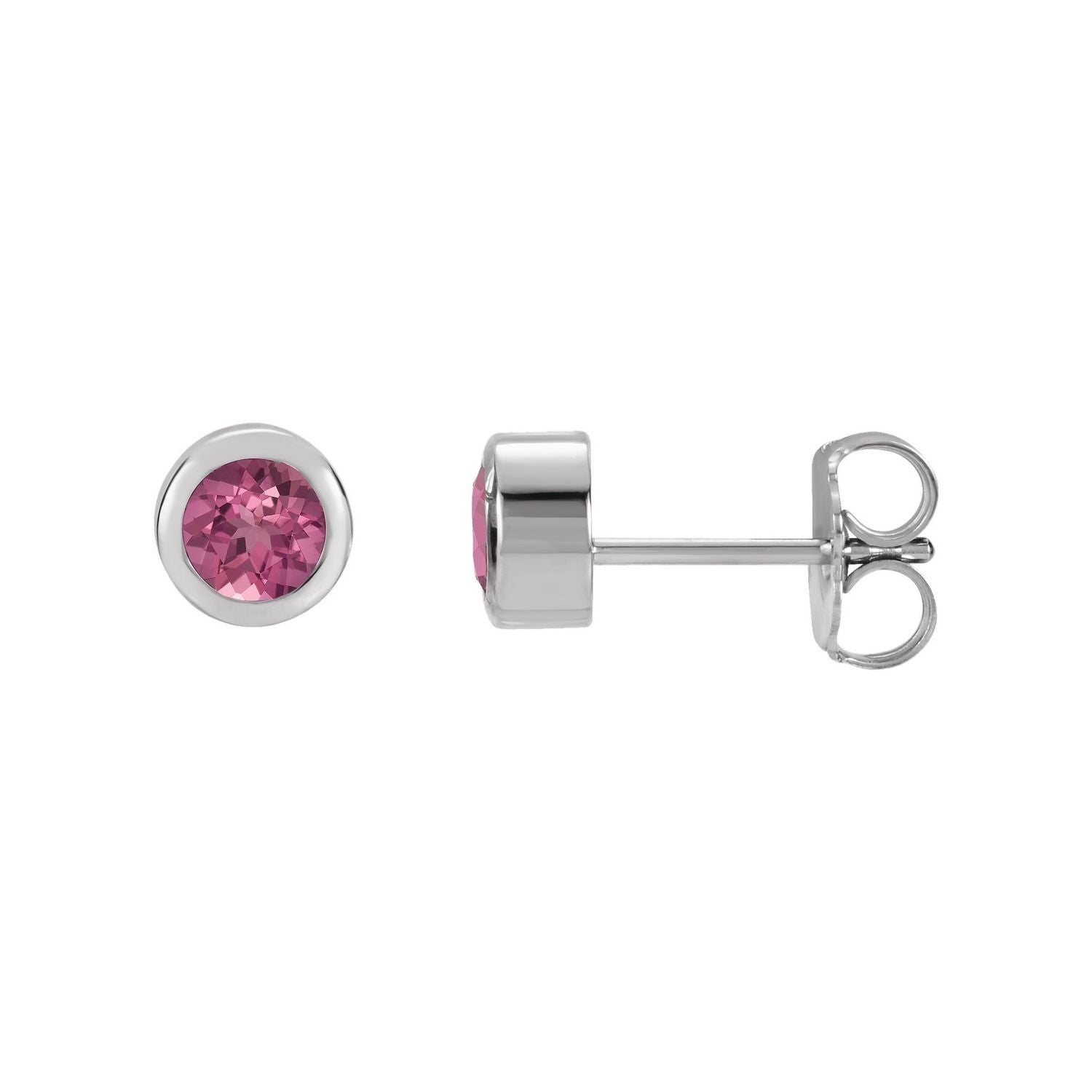 14K White Gold natural pink tourmaline round earrings