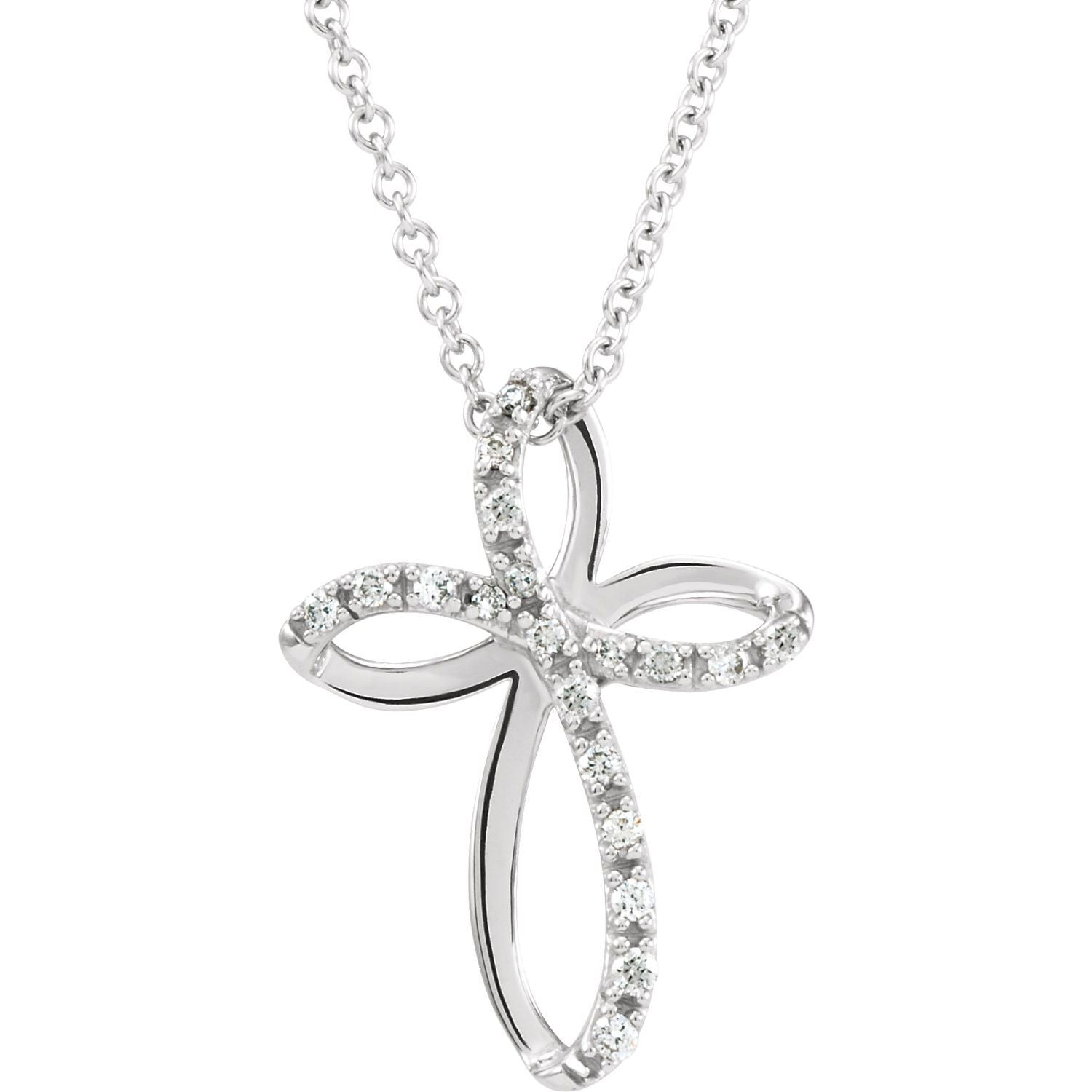 14K White Gold 1/10 ct natural diamond cross pendant necklace