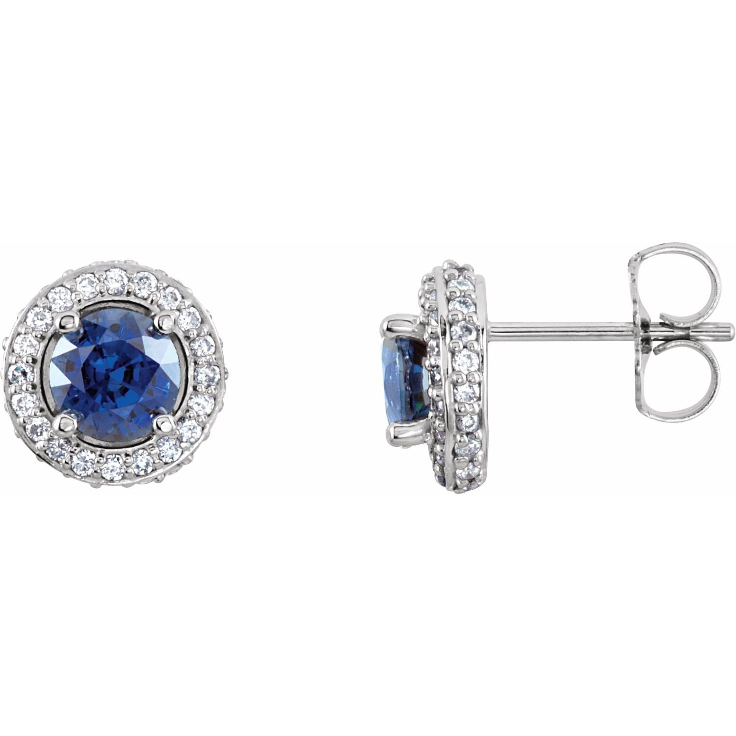 14K White Gold round natural blue sapphire earrings