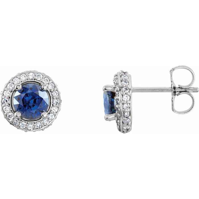 14K White Gold round natural blue sapphire earrings