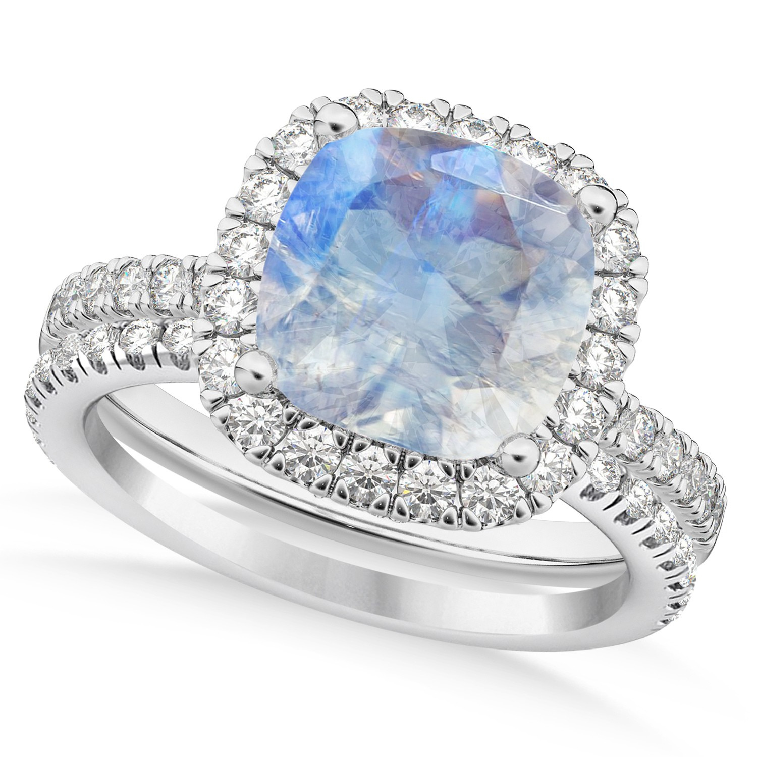 Diamond Halo & Cushion Cut Moonstone Ring Bridal Set in 14K White Gold (3.38ct) Top View