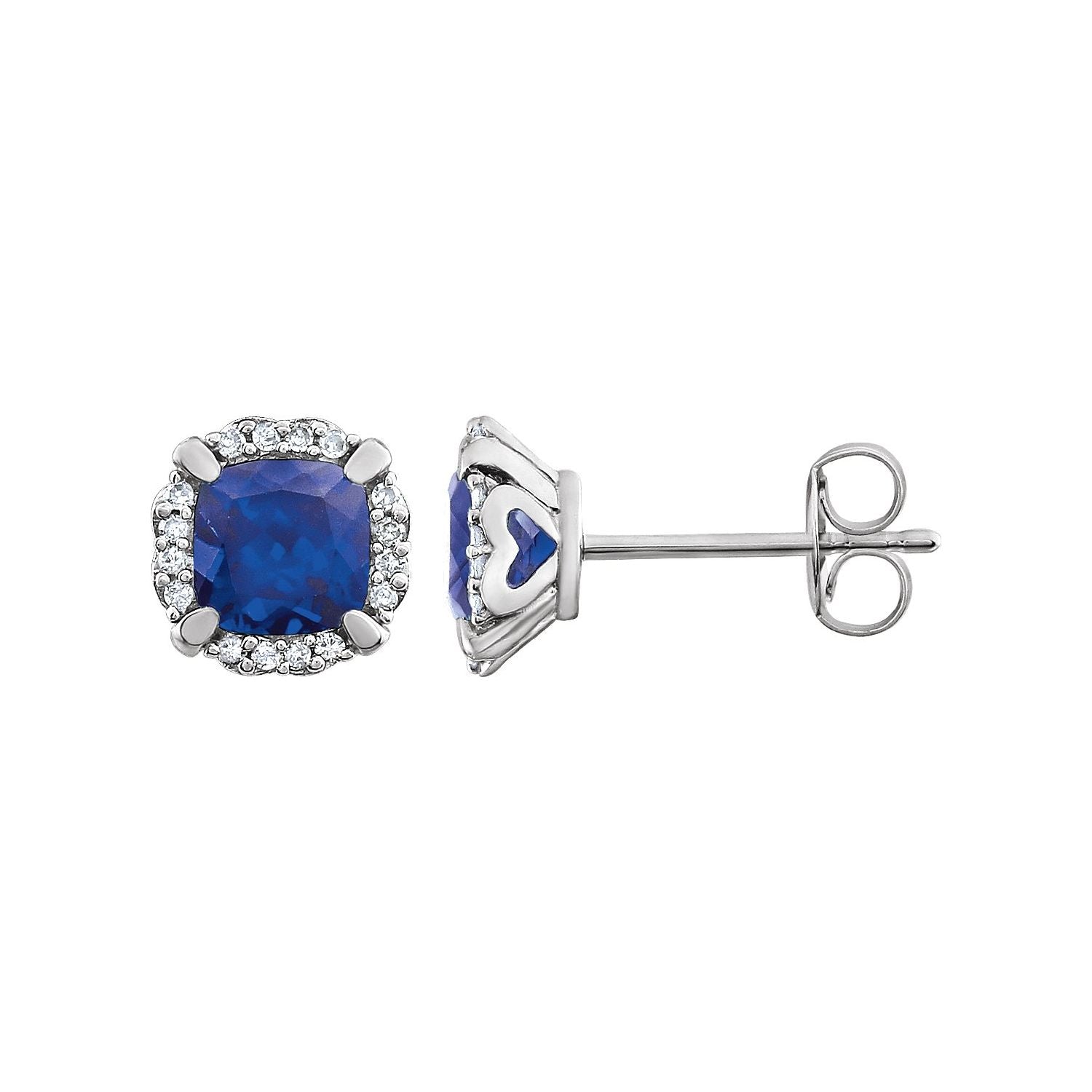 14K White Gold cushion lab-grown blue sapphire earrings