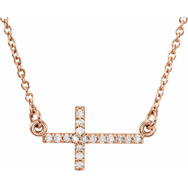 diamond sideways cross necklace in 14k rose gold