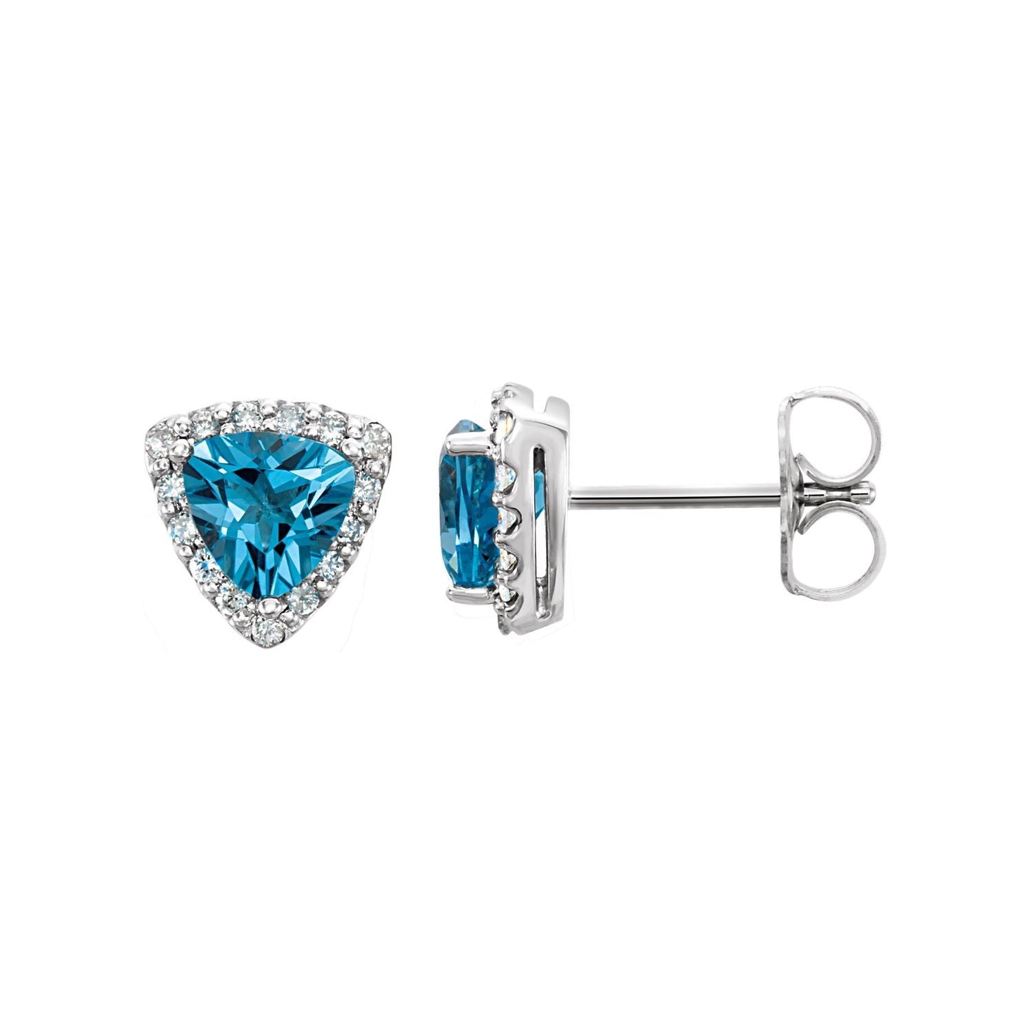 14K White Gold trillion-cut Swiss blue topaz halo stud earrings
