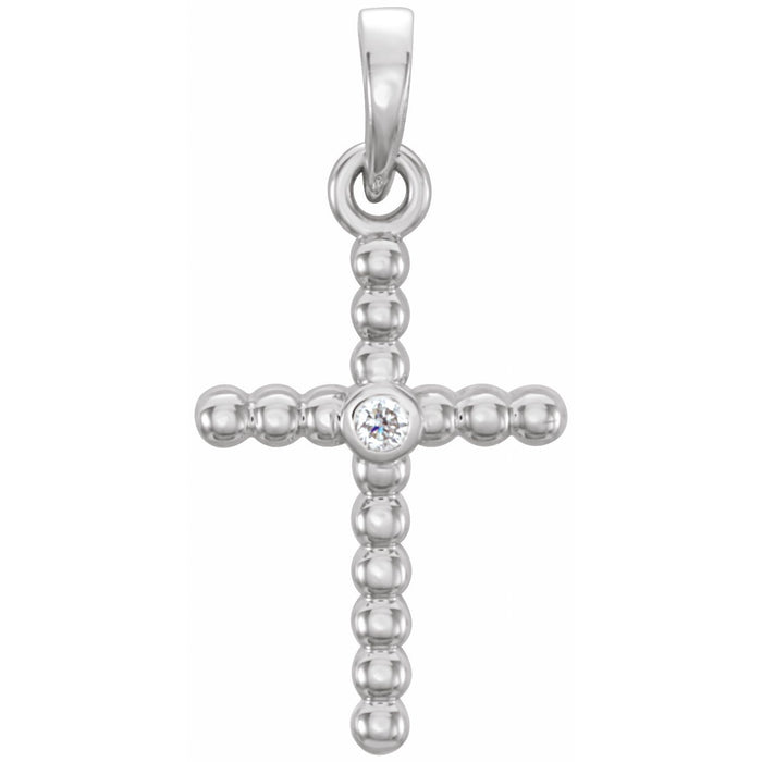 Diamond Beaded Gold Cross Necklace in 14K White Gold