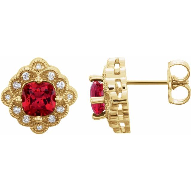 july ruby cushion diamond earrings in 14k yellow gold