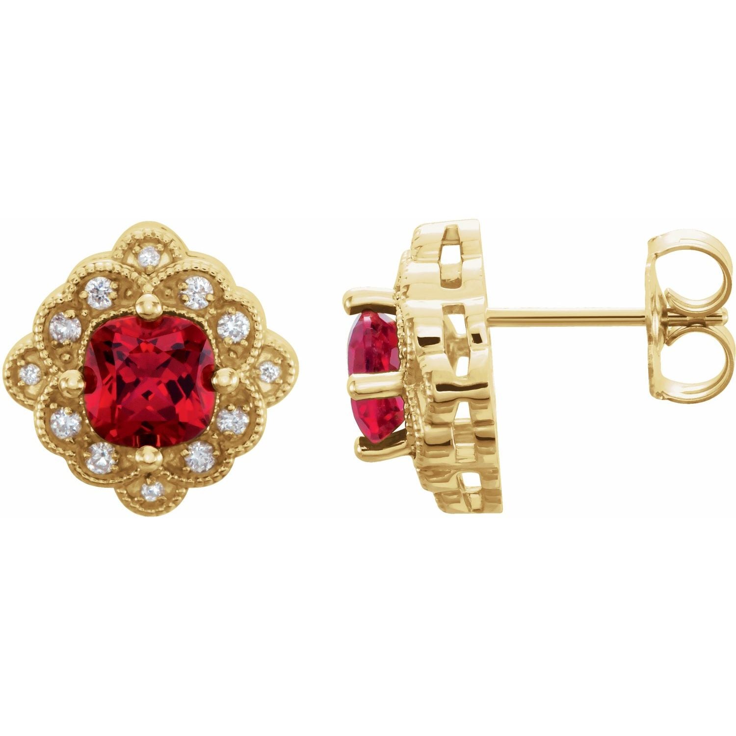 July Ruby Cushion Diamond Earrings (0.08 ct tw) in 14k Yellow Gold