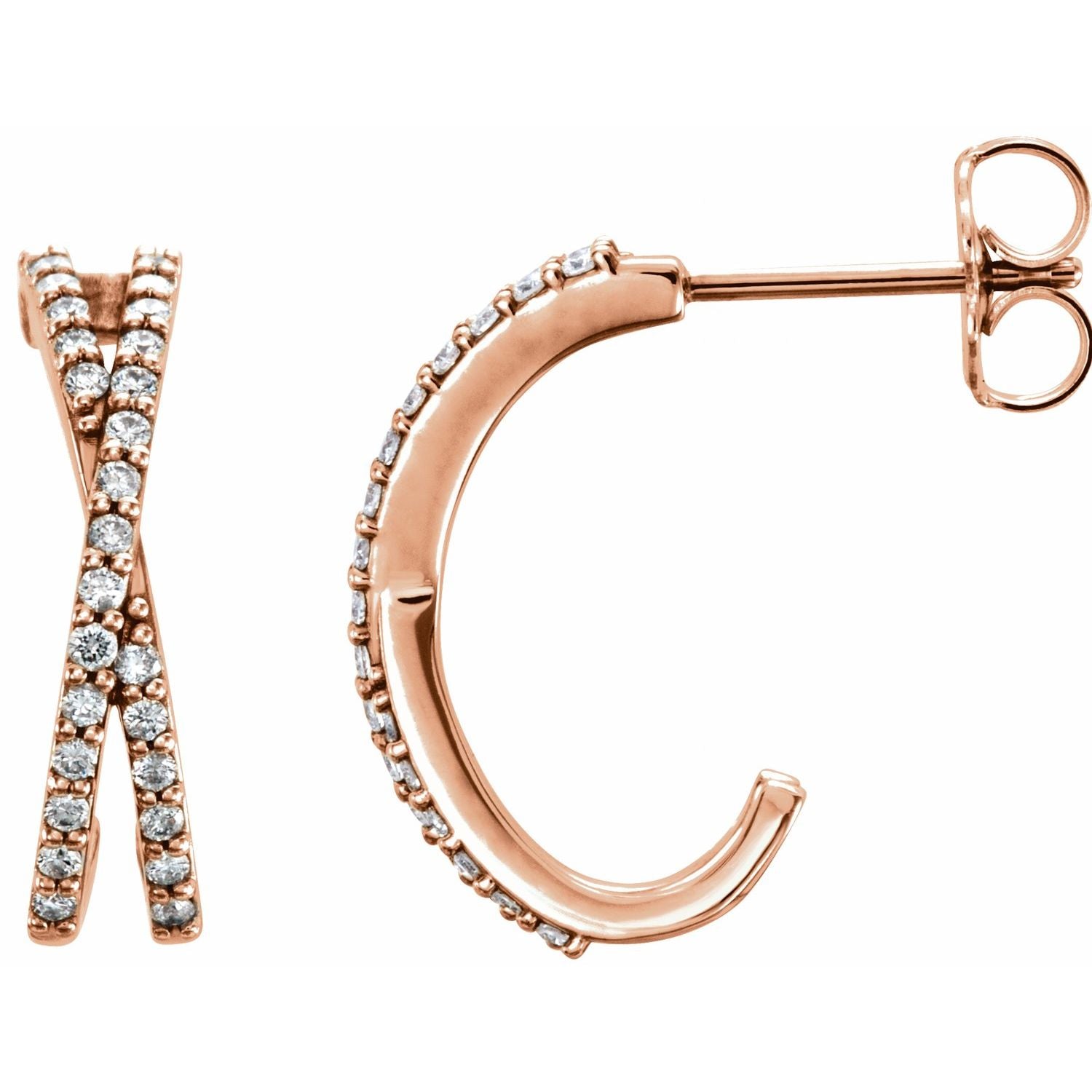 Criss-Cross Natural Diamond J-Hoop Earrings (1/4 ct) in 14K Rose Gold