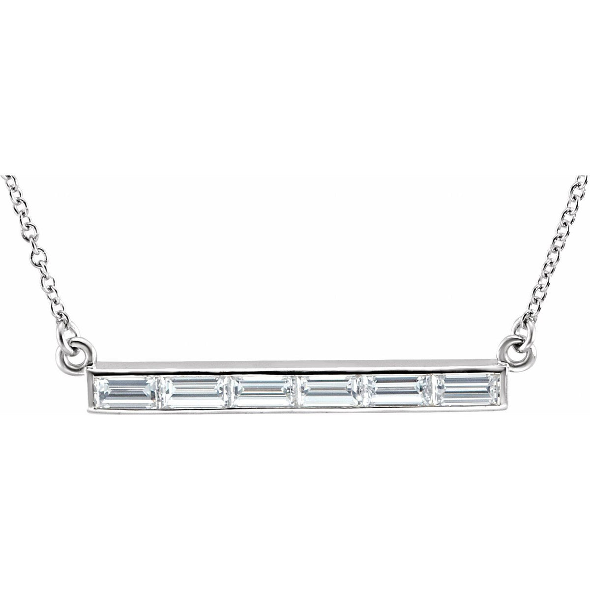 14K White Gold baguette bar diamond necklace — 3/4 ct natural diamonds on an included 17" chain