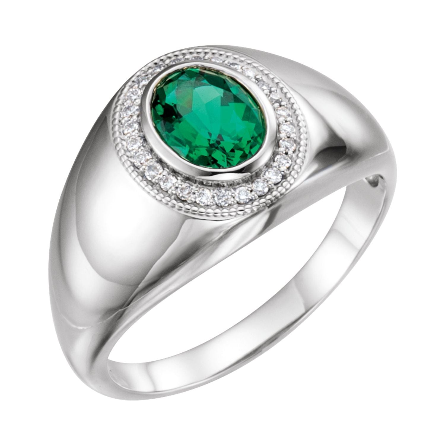 Men's Lab-Grown Emerald Ring, 8 x 6 mm with 1/8 ct tw Diamond shown in 14K White Gold