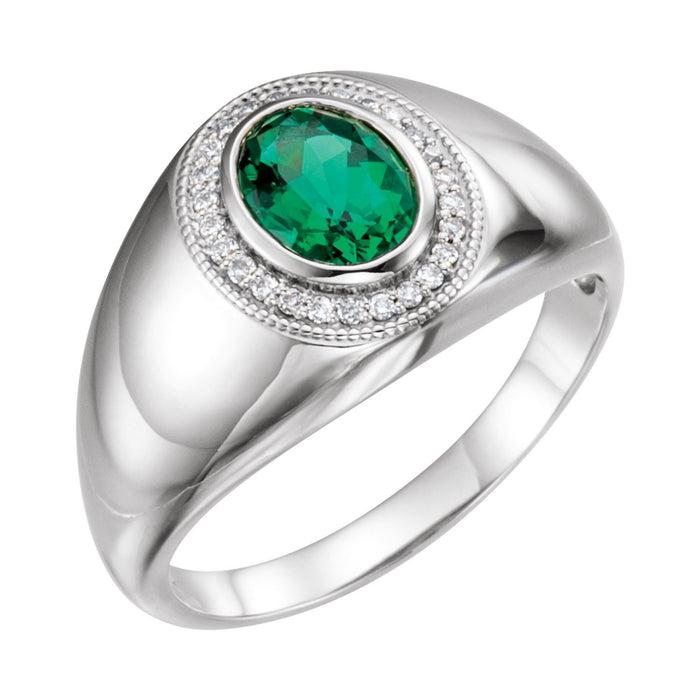 Men's Lab-Grown Emerald Ring, 8 x 6 mm with 1/8 ct tw Diamond shown in 14K White Gold