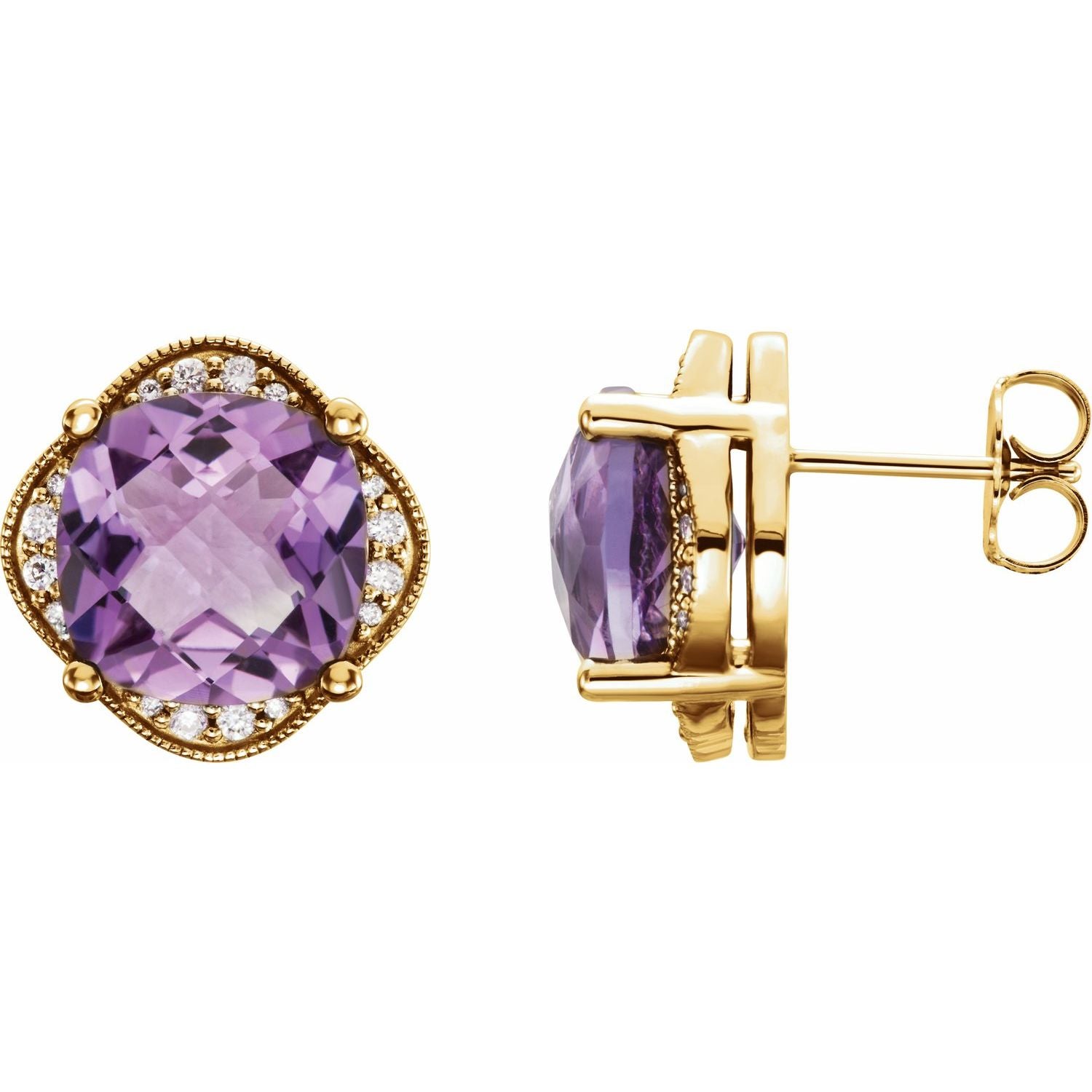 February Amethyst Cushion Diamond Halo Earrings (1/5 ct tw) in 14k Yellow Gold