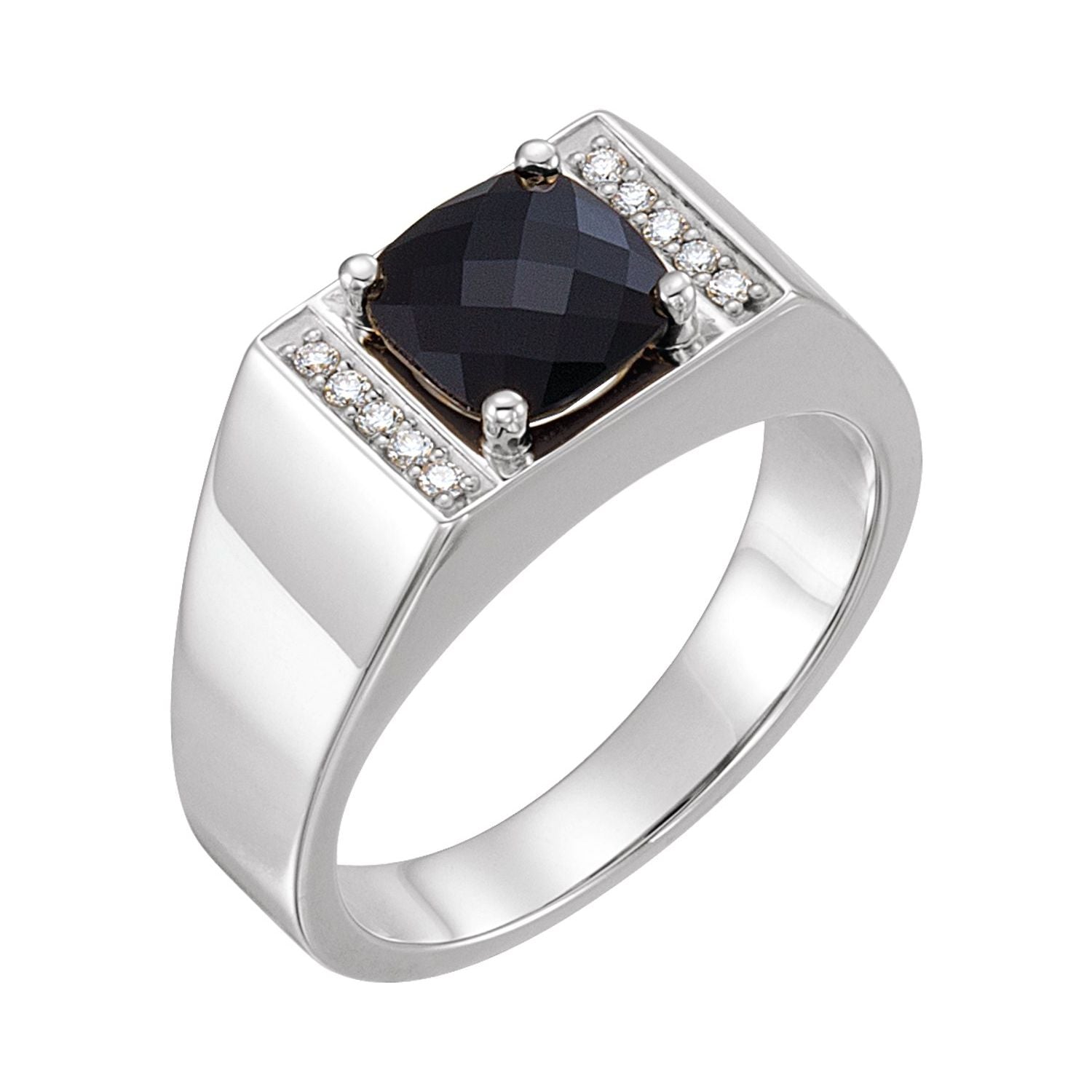 Men's Black Onyx and Diamond Ring, 8 mm Cushion shown in 14K White Gold