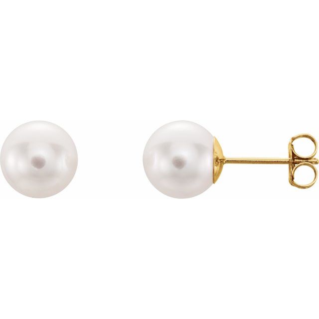 8mm white akoya pearl stud earrings in 14k yellow gold