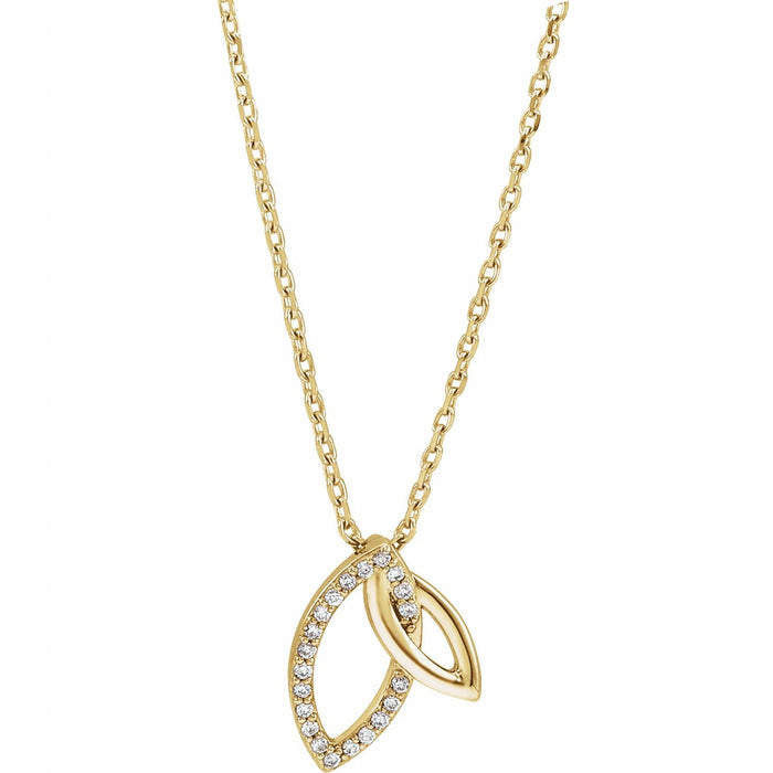 14K Yellow Gold double leaf diamond necklace — .05 ct natural diamonds on an included 18" chain