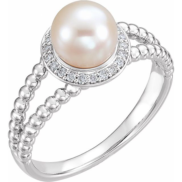 cultured pearl & diamond halo ring in 14k white gold