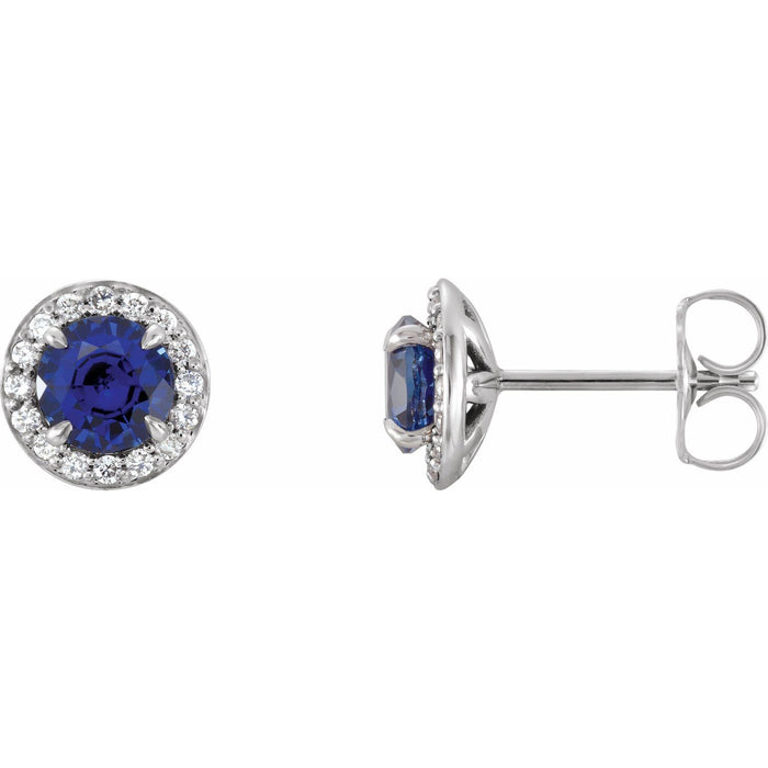 14K White Gold round lab-grown blue sapphire earrings