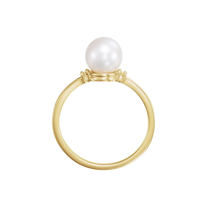 14K Yellow Gold Twin-Accent Pearl Ring — 7mm cultured freshwater pearl flanked by two natural diamond accents