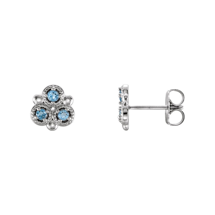 Three-Stone Stud Natural Aquamarine Earrings in Platinum