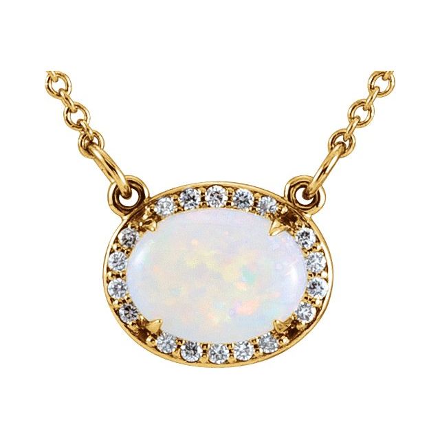 october opal oval diamond-halo necklace in 14k yellow gold