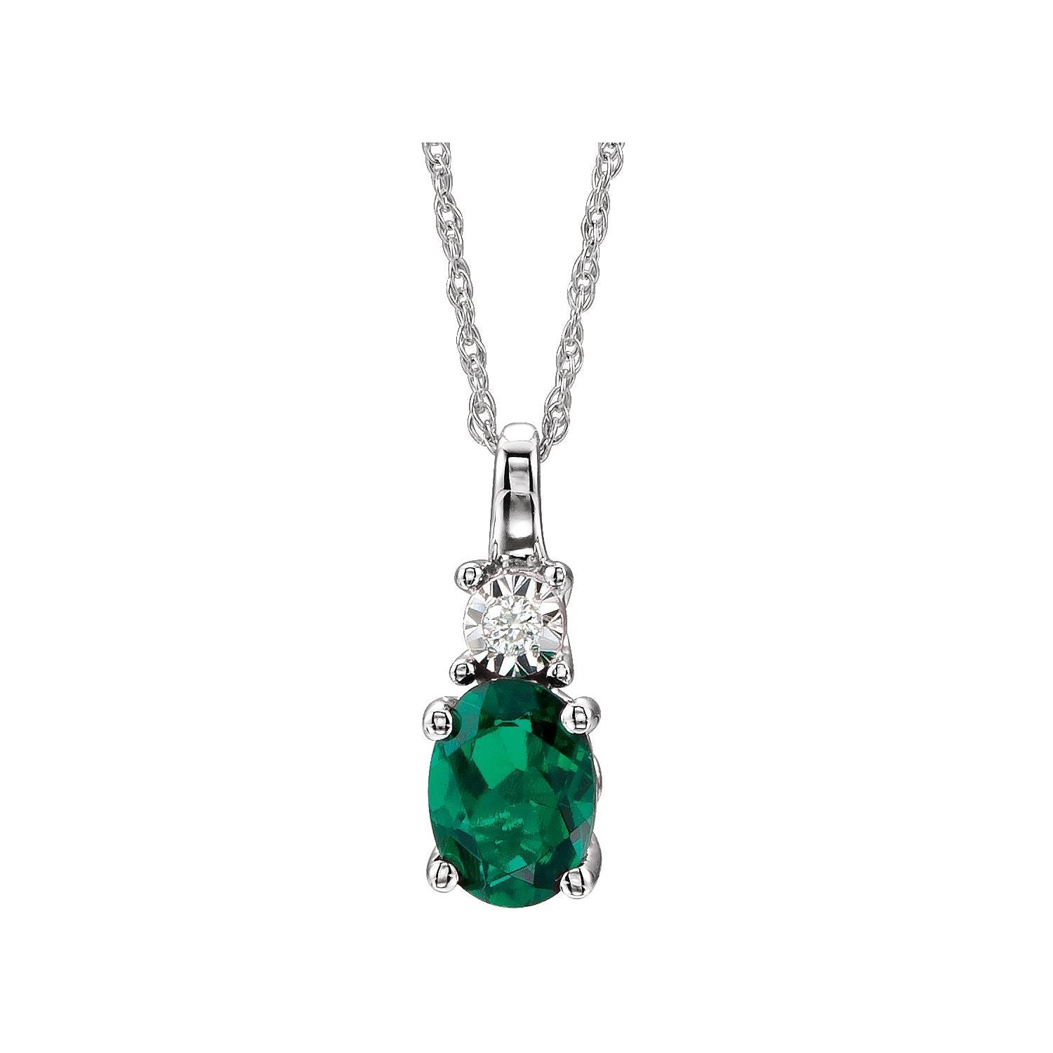 Oval Emerald & Diamond Necklace 14k White Gold 18" (0.02 ctw) in 14K White Gold