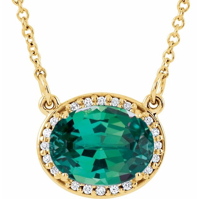 may emerald oval diamond-halo necklace in 14k yellow gold