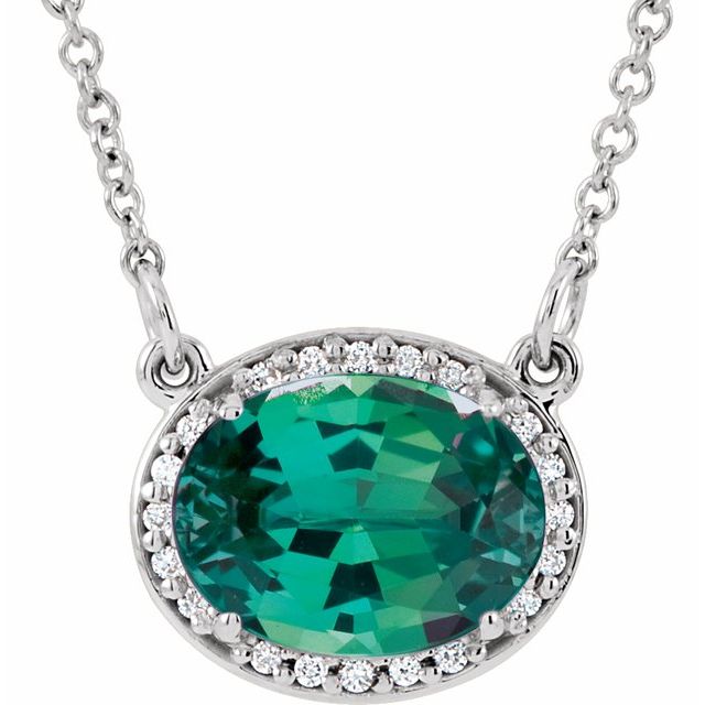 may emerald oval diamond-halo necklace in 14k white gold