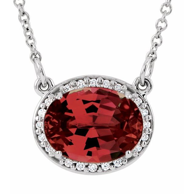 january garnet oval diamond-halo necklace in 14k white gold