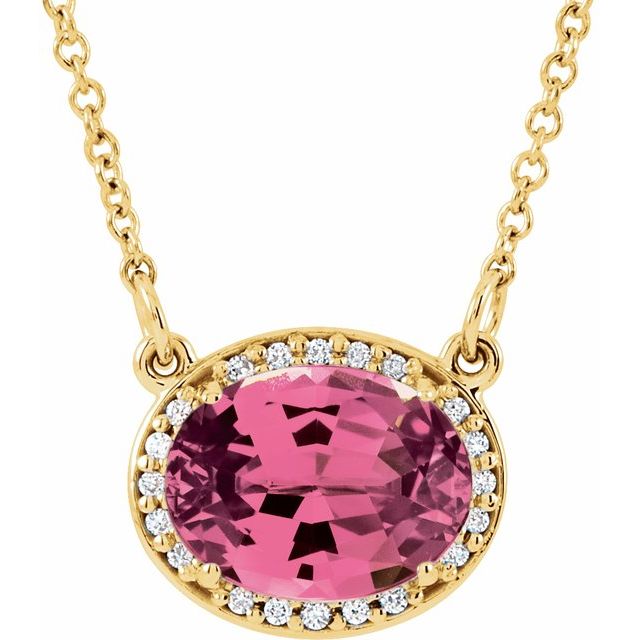 october pink tourmaline oval diamond-halo necklace in 14k yellow gold