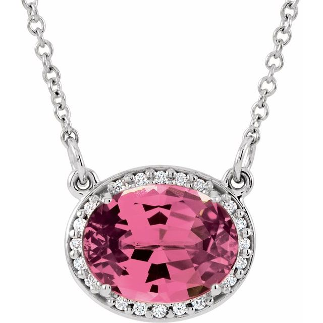 october pink tourmaline oval diamond-halo necklace in 14k white gold