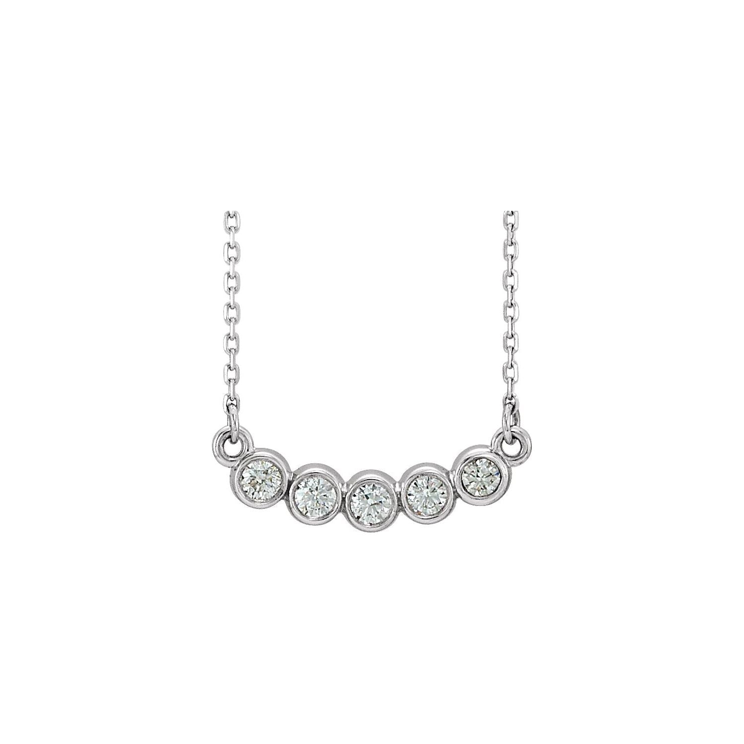 14K White Gold five-stone bezel diamond necklace — 1/3 ct natural diamonds on an included 16-18" chain
