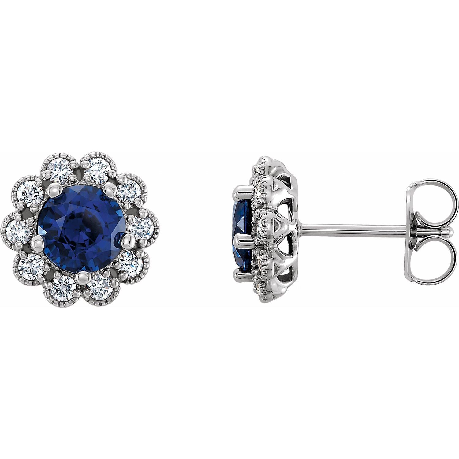 14K White Gold round lab-grown blue sapphire earrings