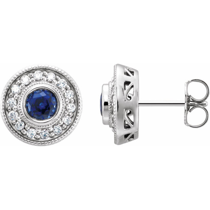 14K White Gold round lab-grown blue sapphire earrings