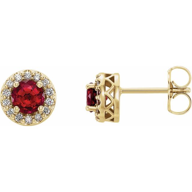 july ruby round diamond halo earrings in 14k yellow gold