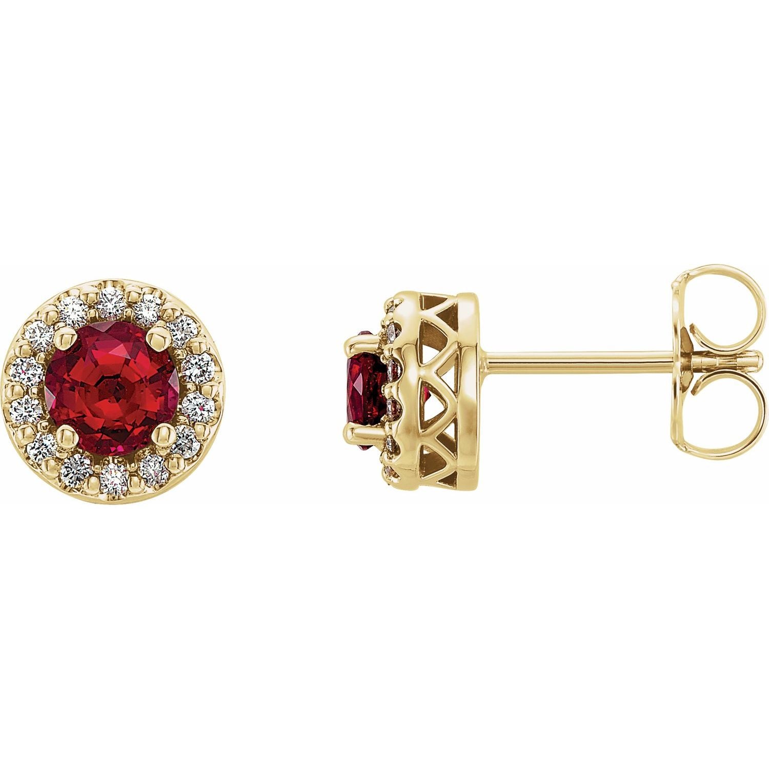 July Ruby Round Diamond Halo Earrings (0.08 ct tw) in 14k Yellow Gold