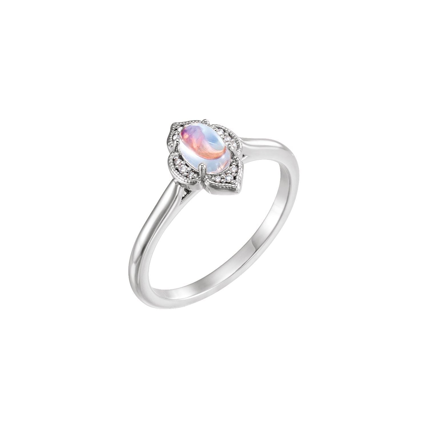 Rainbow Moonstone & Diamond Ring in 14K White Gold - natural rainbow moonstone