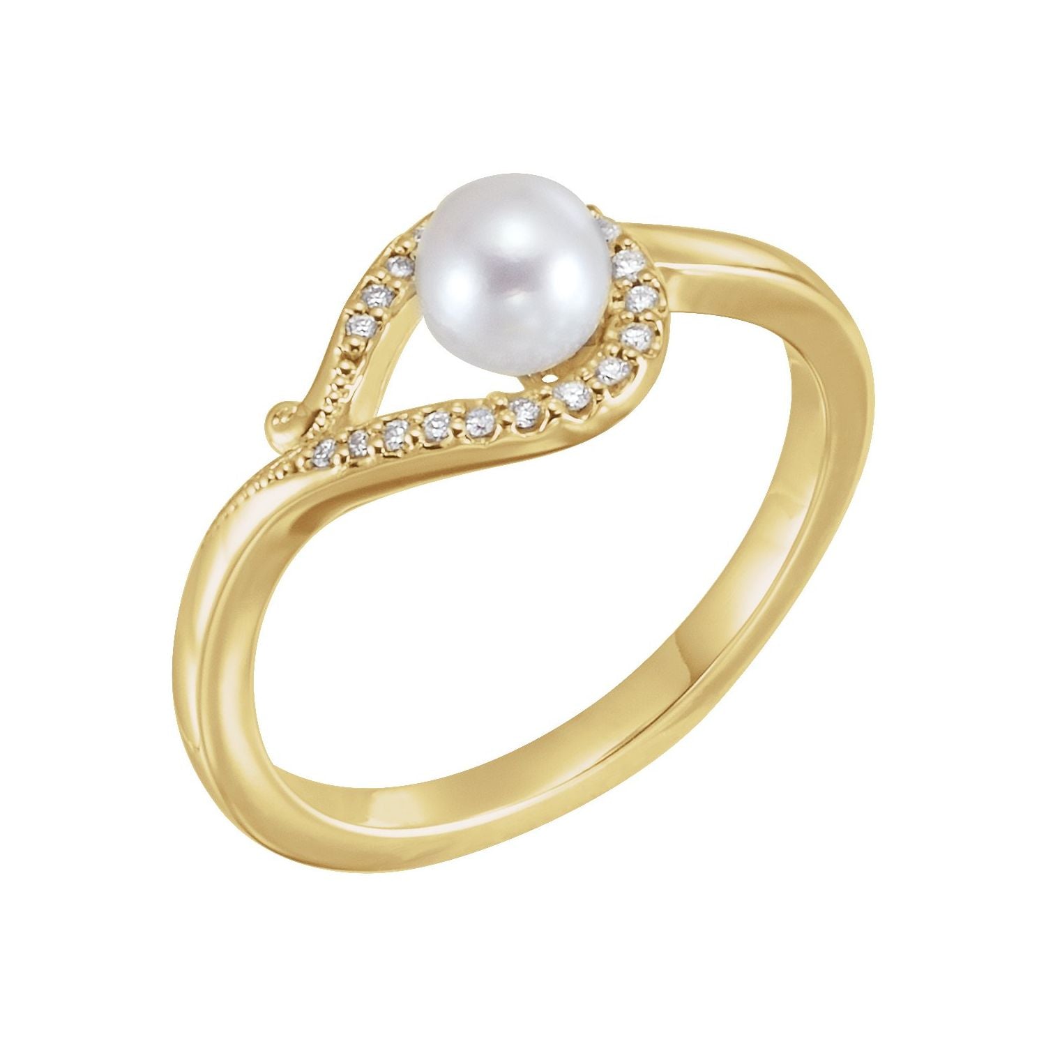 Cultured Pearl & Diamond Bypass Ring in 14K Yellow Gold