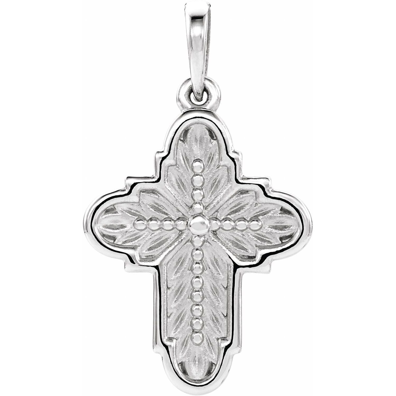 Ornate Leaf Gold Cross Necklace in 14K White Gold