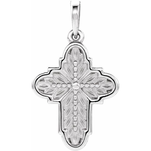 ornate leaf cross pendant in 14k white gold