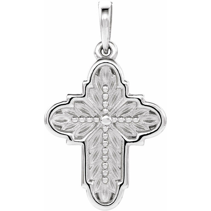 Ornate Leaf Gold Cross Necklace in 14K White Gold