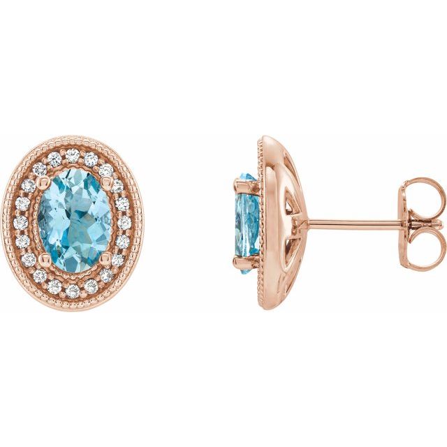 march aquamarine oval diamond halo earrings in 14k rose gold