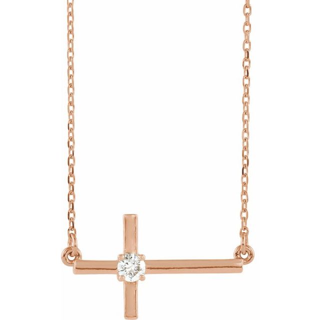 sideways diamond cross necklace in 14k rose gold