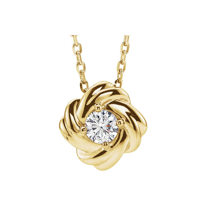 14K Yellow Gold love knot diamond necklace — 1/6 ct natural diamonds on an included 16-18" chain