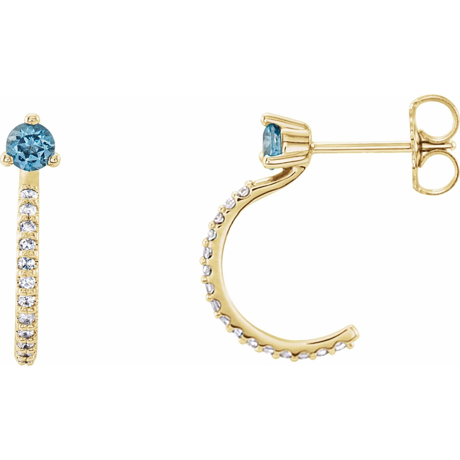 March Aquamarine Round Diamond Hoop Earrings (1/8 ct tw) in 14k Yellow Gold