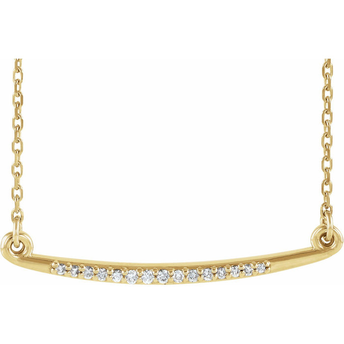 14K Yellow Gold curved bar diamond necklace — .05 ct natural diamonds on an included 16-18" chain