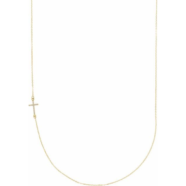 off-center sideways diamond cross necklace in 14k yellow gold