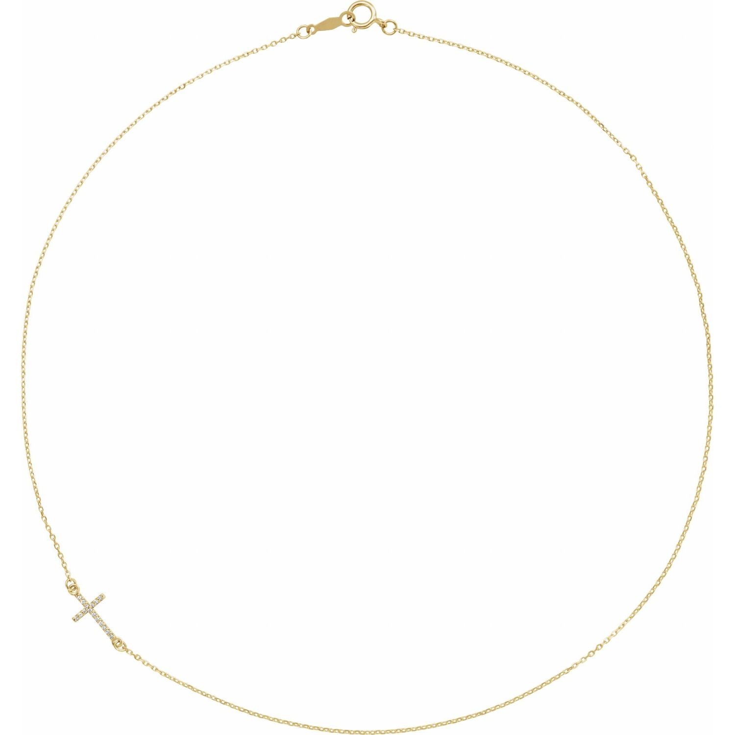Off-Center Sideways Diamond Cross Necklace in 14K Yellow Gold
