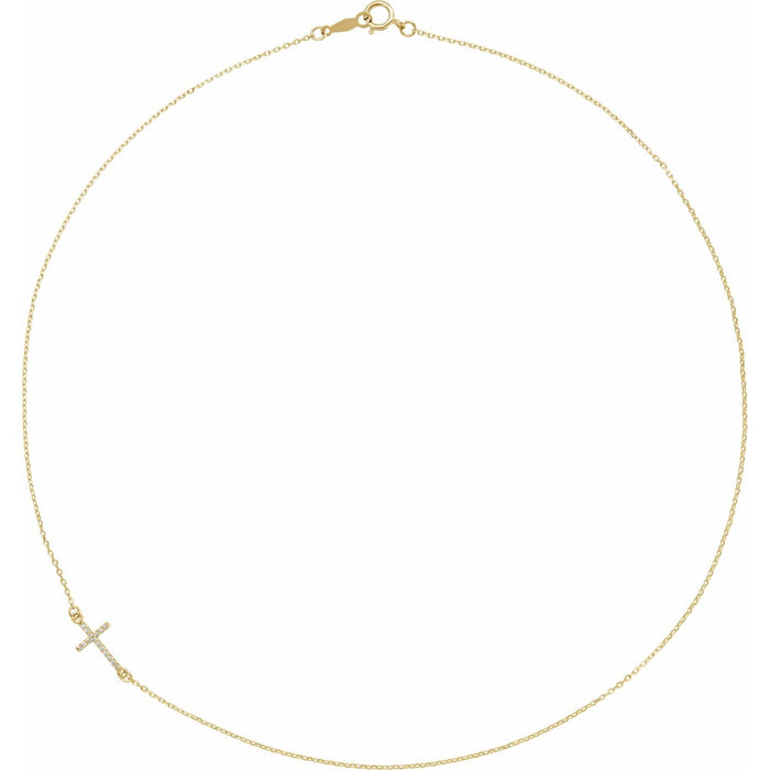 Off-Center Sideways Diamond Cross Necklace in 14K Yellow Gold